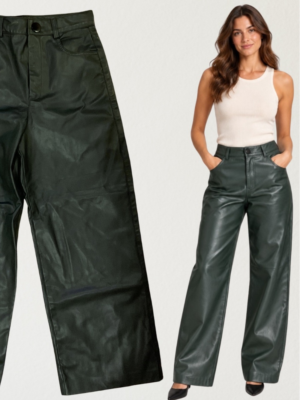 Zara Dark Green Faux Leather High Rise Wide Leg Pants XS